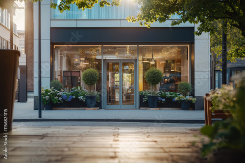 Wallpaper Mural Modern Boutique Hotel Entrance with Glass Facade, Symmetrical Potted Plants, and Warm Interior Lighting Torontodigital.ca