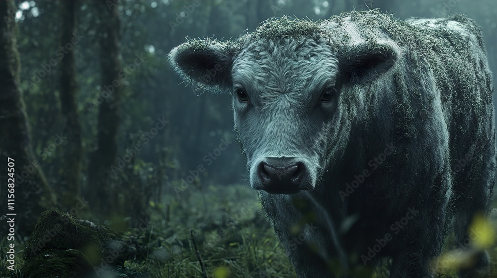 White Cow in the Forest: A Moody Portrait White Cow in the Forest: A Moody Portrait