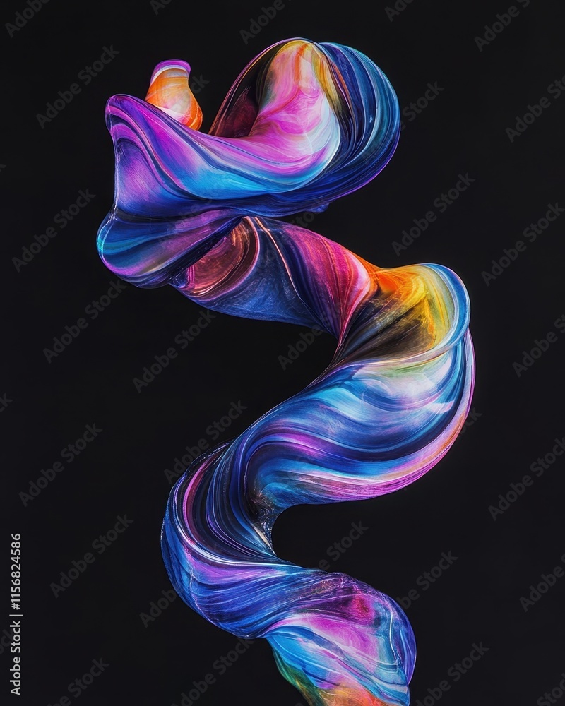 Obraz premium Abstract liquid shape twisting in a spiral with iridescent colors on a black background
