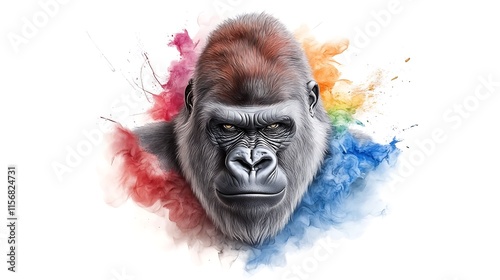 Powerful Gorilla Portrait: Digital Painting with Vibrant Ink Splashes AI Generated photo