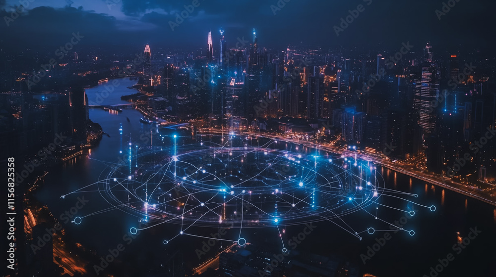 Smart digital Innovation city with connection network reciprocity over the cityscape. of future smart wireless city and social media networking systems that connects business people with in city Smart digital Innovation city with connection network reciprocity over the cityscape. of future smart wireless city and social media networking systems that connects business people with in city
