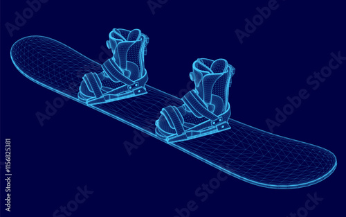 Blue snowboard with a pair of skis on it. The snowboard is in a pixelated style