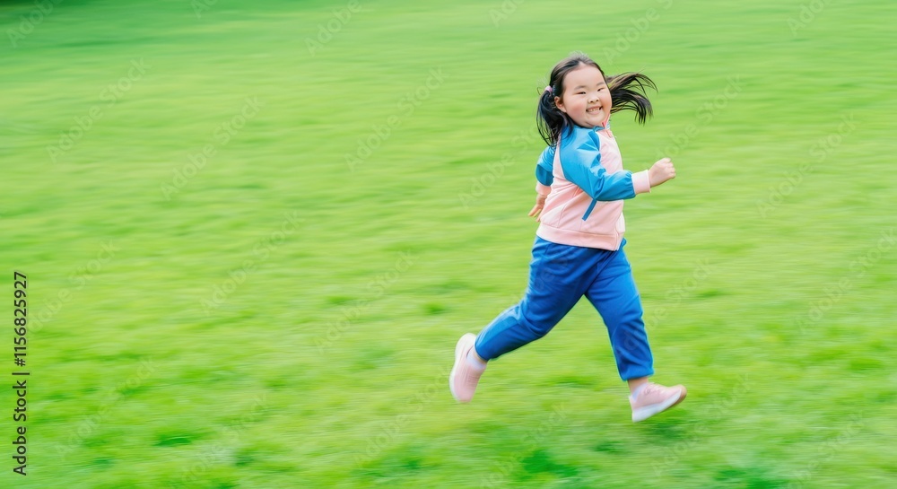 Joyful asian child running on green lawn in park for outdoor fun and play Joyful asian child running on green lawn in park for outdoor fun and play