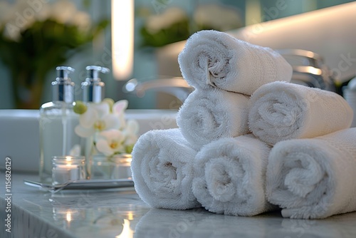 Made bed with ironed towels in luxury hotel room, close up