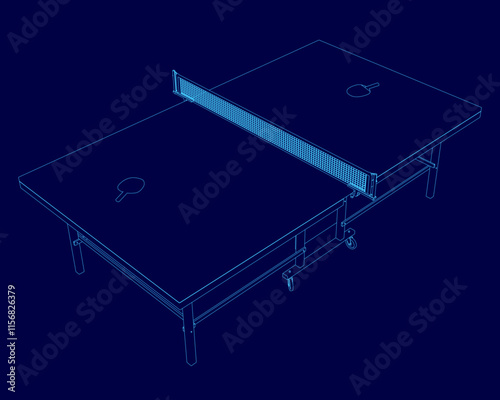 Blue drawing of a ping pong table with a net. The table is shown in a blue color scheme