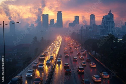 Air pollution in crowded city full of fog and smoke photo