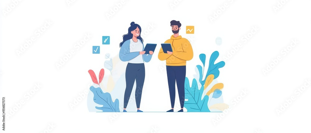 Naklejka premium Two consultants analyzing market trends, data charts, and reports, professional strategy focus