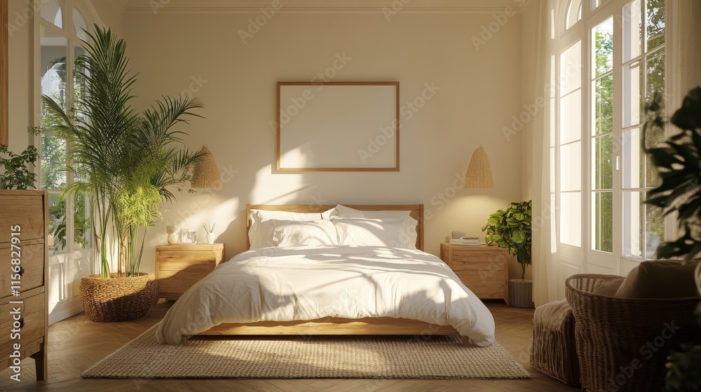 Bright bedroom with an empty frame on the wall Bright bedroom with an empty frame on the wall