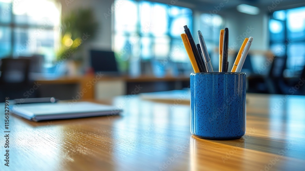 Bright office with an empty pen holder Bright office with an empty pen holder