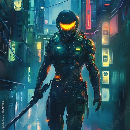 Futuristic Cyborg Warrior Advancing in Neon Lit Urban Battlescape photo