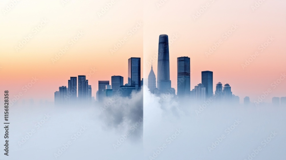 Fototapeta premium City skyline emerging from fog at sunrise.