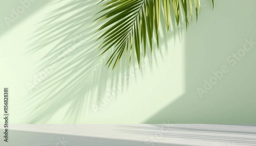 Minimal abstract background, with tropical palm leaf shadows on pastel green wall and grey table.
