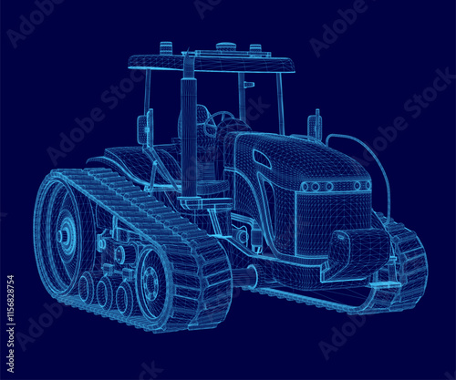 Blue drawing of a tractor. The tractor is shown in a stylized way, with a focus on its wheels and tracks. Concept of motion and power