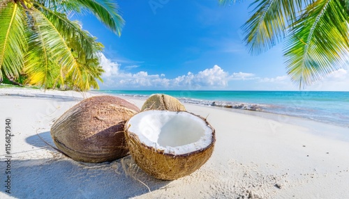Wallpaper Mural Tropical Beach Paradise with Fresh Coconuts on White Sand, palm trees. Summer Vacation and Natural Refreshment Concept  Torontodigital.ca
