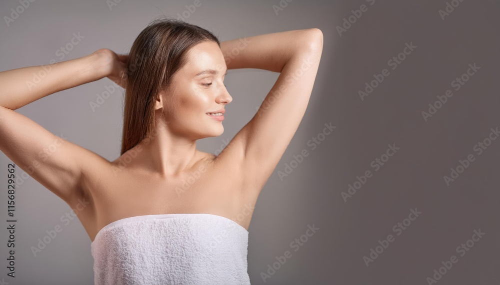 Young beautiful woman show smooth shaved armpits on grey color background with copy space. Laser epilation, electroepilation, removing unwanted hair permanently Young beautiful woman show smooth shaved armpits on grey color background with copy space. Laser epilation, electroepilation, removing unwanted hair permanently