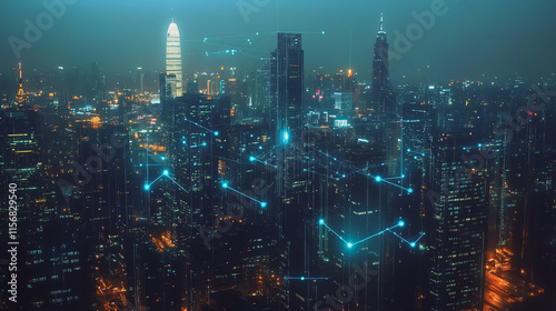 Wallpaper Mural Smart digital Innovation city with connection network reciprocity over the cityscape. of future smart wireless city and social media networking systems that connects business people with in city Torontodigital.ca