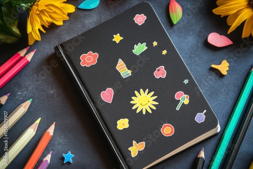 A black notebook with cute doodle stickers on it. Notebook surrounded by colored pencils