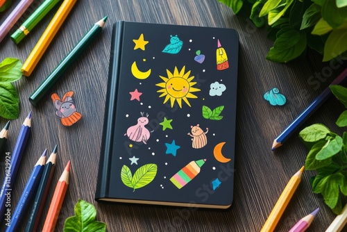 A black notebook with cute doodle stickers on it. Notebook surrounded by colored pencils