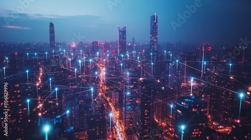 Wallpaper Mural Smart digital Innovation city with connection network reciprocity over the cityscape. of future smart wireless city and social media networking systems that connects business people with in city Torontodigital.ca