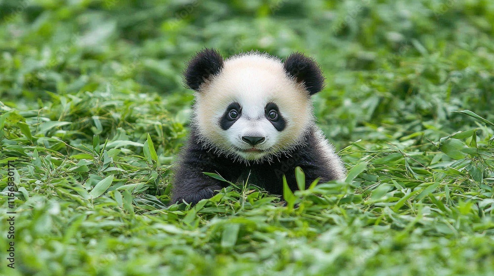Obraz premium Adorable panda cub sitting in lush green bamboo.