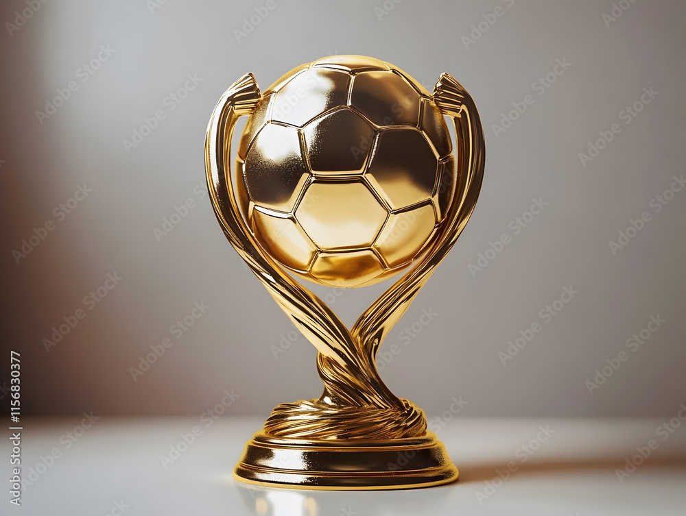 A 3D golden trophy with a soccer ball design shown in an illustration A 3D golden trophy with a soccer ball design shown in an illustration