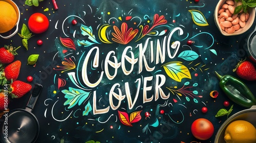 Cooking Lover Lettering with Fruits and Vegetables on Chalkboard Background.