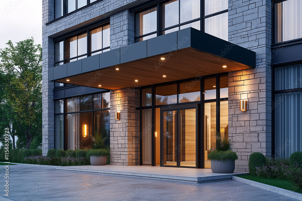 Modern Mini Hotel Entrance Facade with Elegant Architectural Design and Outdoor Lighting Modern Mini Hotel Entrance Facade with Elegant Architectural Design and Outdoor Lighting