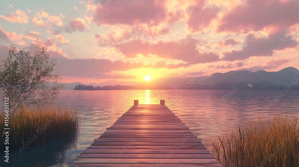 Fototapeta premium Serene Sunset Photo: Calm Lake, Wooden Dock, Wide Shot. AI Generated