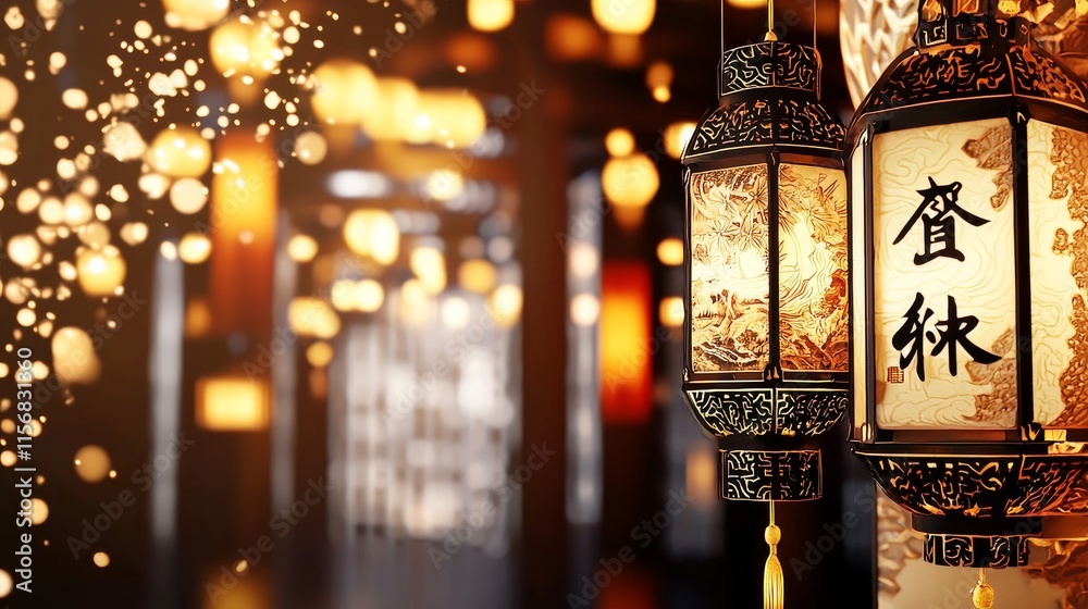 Fototapeta premium The golden background is decorated with Chinese paper-cut lanterns on the right, adding soft shadows and bright colors, symbolizing the celebration of the Chinese New Year.