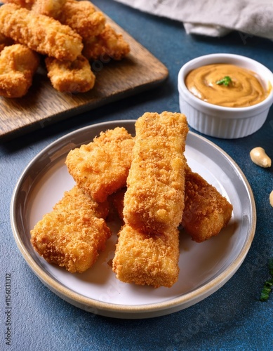 panko breaded tofu sticks with peanut butter sauce photo