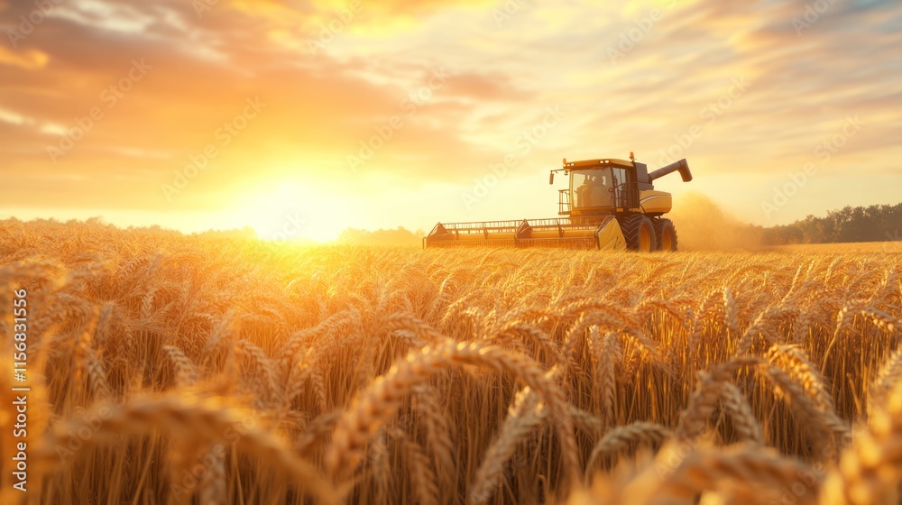 Fototapeta premium Golden Hour Harvest: A Combine Harvester Gathers Wheat at Sunset