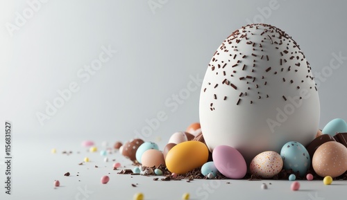 A vibrant array of colorful Easter eggs nestled playfully around a large, beautifully decorated egg adorned with delightful sprinkles, paying homage to the festive spirit of the season photo