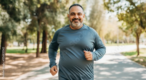 Active lifestyle: hispanic male adult jogging in sunlit park for fitness and well-being