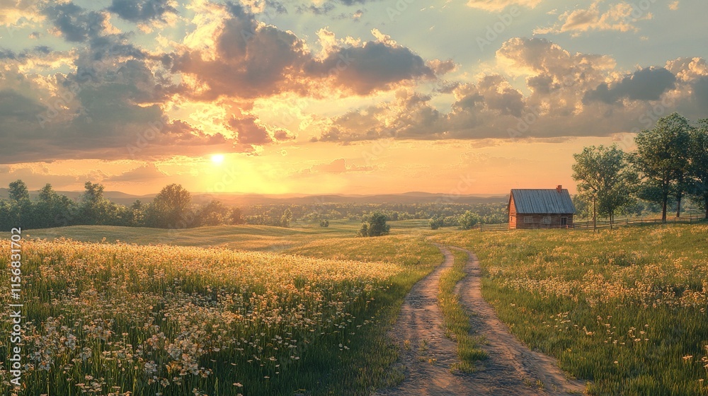 Obraz premium Sunset Landscape: Serene Meadow with Farmhouse
