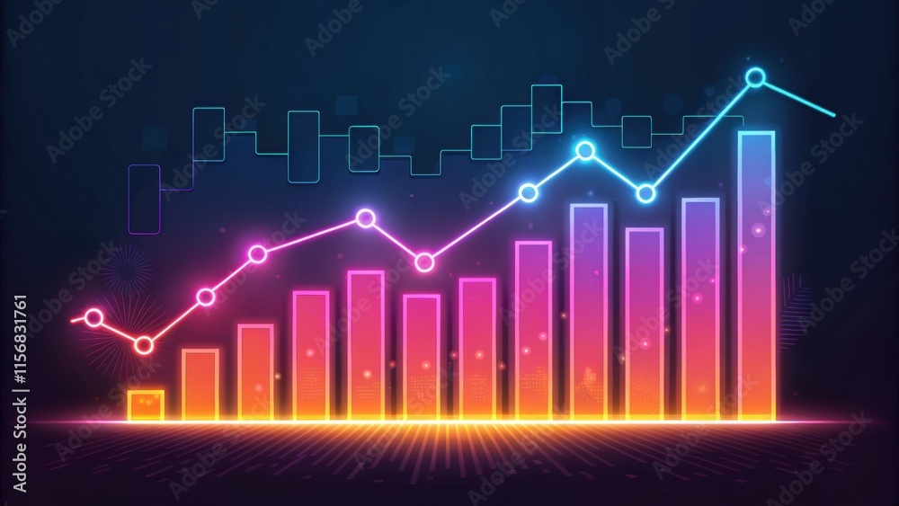 Fototapeta premium A vibrant, neon-colored bar graph with a line chart overlay, showcasing upward trends in data visualization against a dark background.