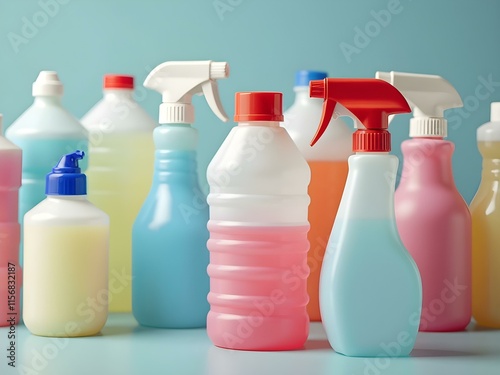 Various colorful plastic spray bottles for cleaning products stand against a light blue background.