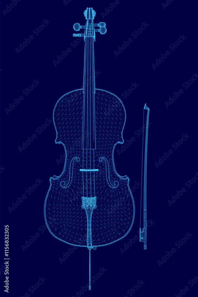Fototapeta premium Blue image of a cello with a blue background. The cello is shown in a 3D format, with a blue color scheme. Concept of depth and realism