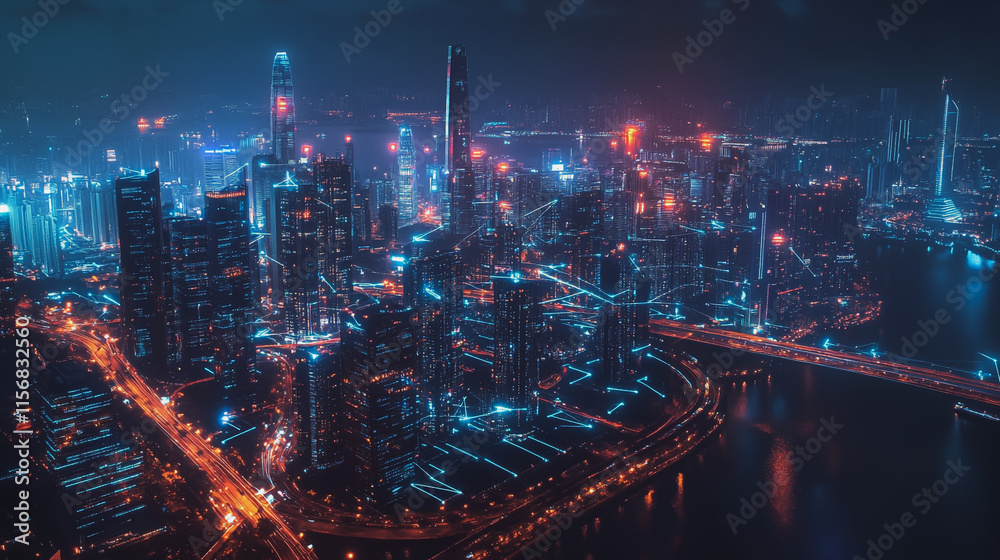 Fototapeta premium Smart digital Innovation city with connection network reciprocity over the cityscape. of future smart wireless city and social media networking systems that connects business people with in city