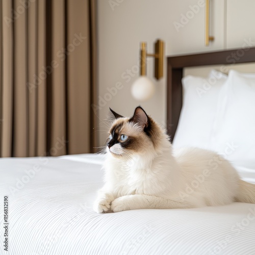 Cat relaxing on bed in stylish hotel room cozy interior design