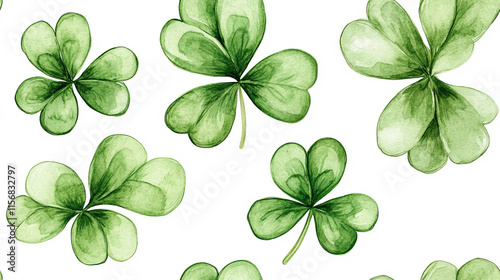 Watercolor-style Seamless Pattern of Green Shamrocks for Saint Patrick's Day .