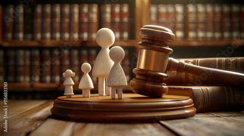 Family Law Concept: Wooden Figures with Gavel in Courtroom Setting