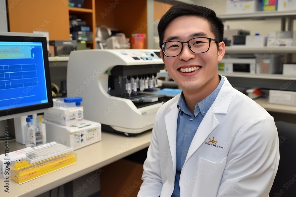 Smiling Asian Male Scientist Performing Experiment in Modern Lab Smiling Asian Male Scientist Performing Experiment in Modern Lab