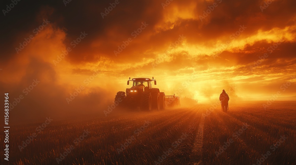 Fototapeta premium Majestic Sunset Over Agricultural Field with Tractor and Farmer Walking, Evoking a Serene and Productive Rural Landscape