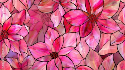 Seamless pattern with pink flowers in stained-glass window style