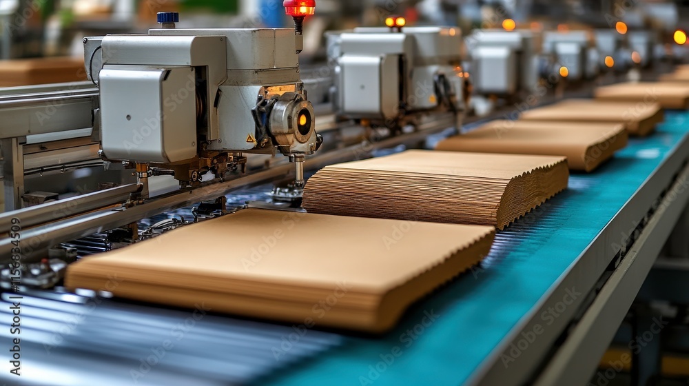 Modern Manufacturing Process with Automated Machinery, Sheets of Material Moving on a Conveyor Belt in an Industrial Setting Modern Manufacturing Process with Automated Machinery, Sheets of Material Moving on a Conveyor Belt in an Industrial Setting
