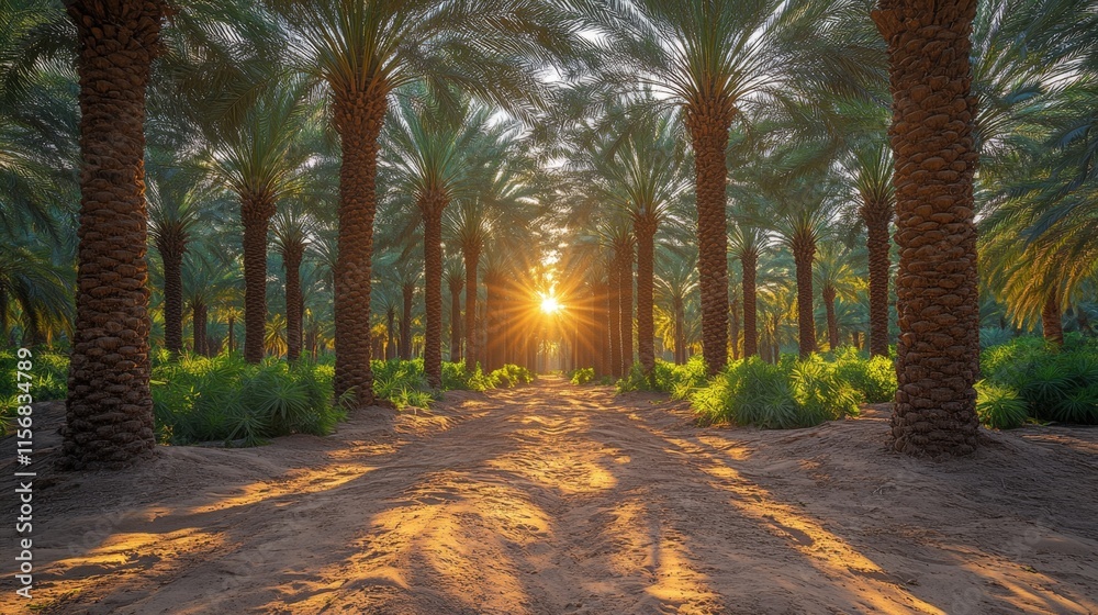 Obraz premium Sunrise illuminates a path through a lush date palm grove.