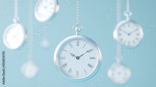 Time Flies: A captivating image of multiple antique pocket watches suspended in mid-air against a serene light-blue backdrop. photo