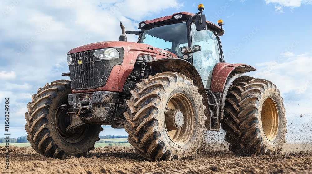 Powerful Red Tractor Operating on Farm Field with Dusty Soil and Blue Sky, Showcasing Agricultural Equipment in Action, Ideal for Rural and Farming Themes Powerful Red Tractor Operating on Farm Field with Dusty Soil and Blue Sky, Showcasing Agricultural Equipment in Action, Ideal for Rural and Farming Themes