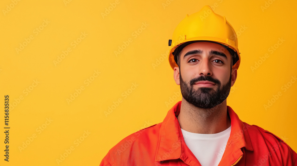A portrait of a male worker wearing a yellow helmet and bright red uniform, confidently standing against a yellow background. A portrait of a male worker wearing a yellow helmet and bright red uniform, confidently standing against a yellow background.
