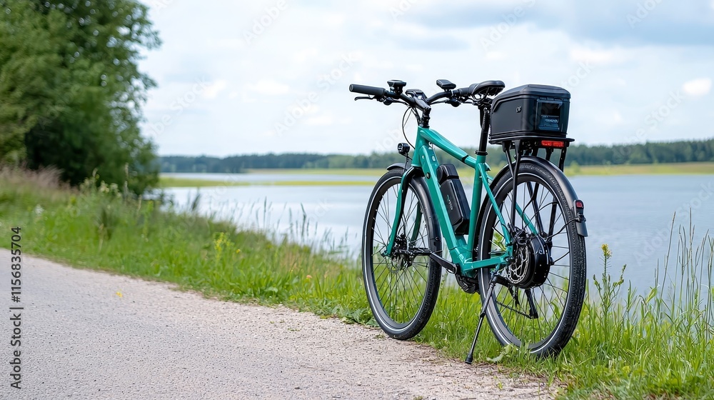 Obraz premium Discover the joy of an electric bike trip, navigating through colorful landscapes and twisting roads, relishing the fresh air and sustainable travel, while discovering urban gems and stunning